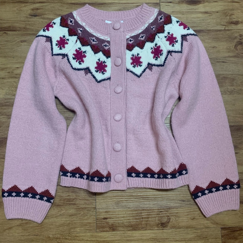 Bailey 44 Pink and Burgundy Fair isle Patterned Cardigan Sweeter New with Tags